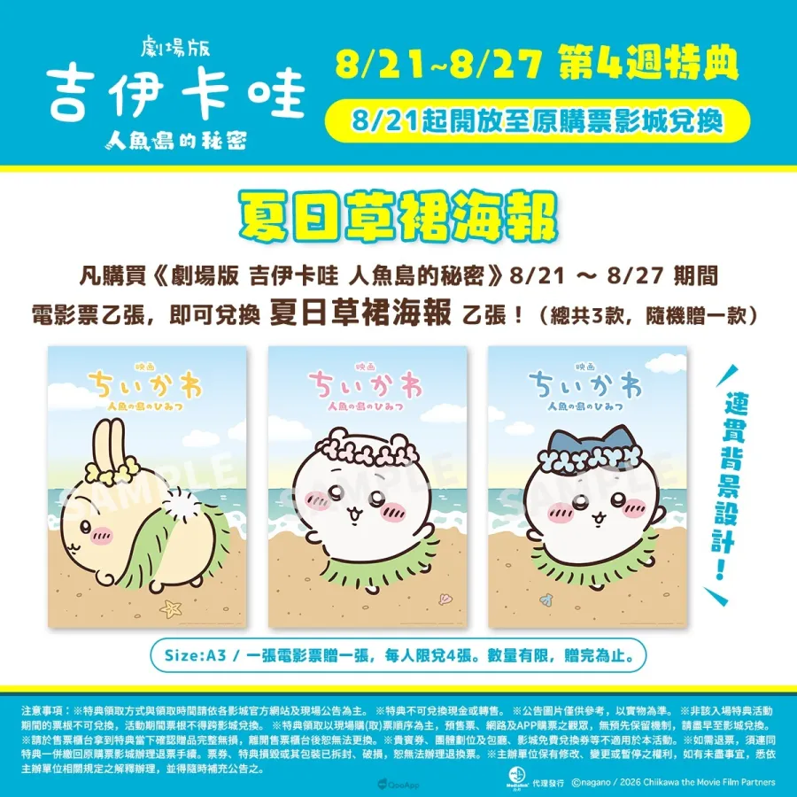 《劇場版 吉伊卡哇 人魚島的秘密》日本票房突破92億日圓!台灣最新入場特典「夏日草裙海報」、日本第三彈推賽蓮迴力車 2 Chii 第4週特典